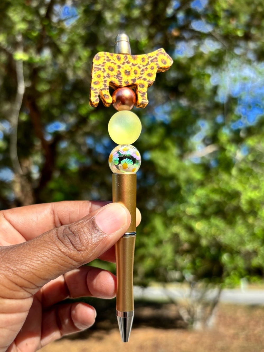 Handcrafted Gold Beaded Pen with SunflowerCow